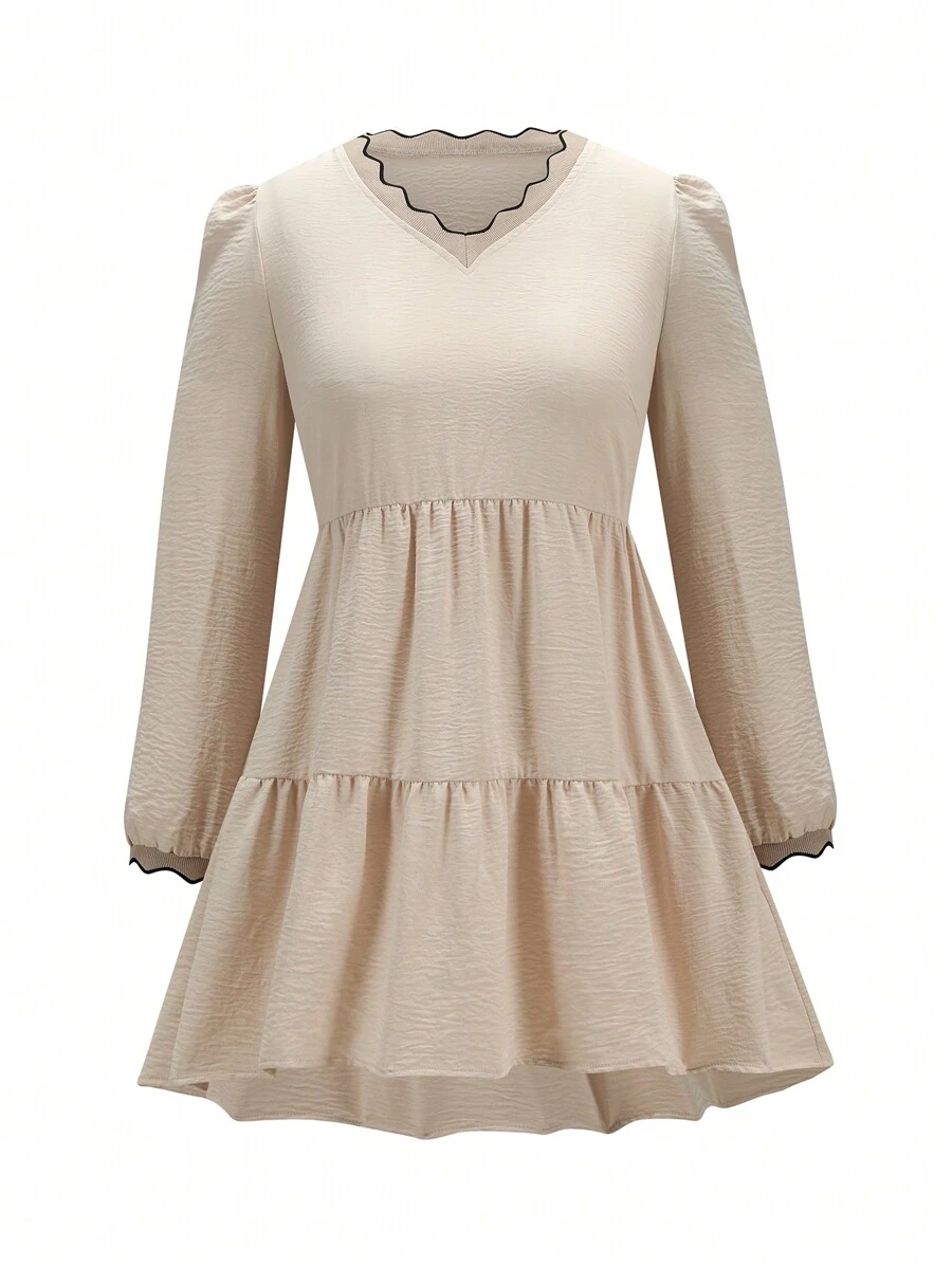 Calvaya Hơn Trang trí ren Xù Hoa Sen Áo Blouse Smock - Màu Khaki - Xem 1