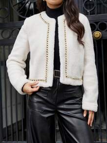 RueChic Women's Short Fleece Jacket With Contrast Edging - Beige - View 1