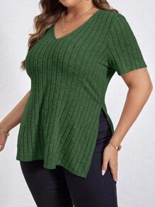 SHEIN Essnce 大碼下擺開叉條紋針織T恤 - 墨綠色 - 查看 5