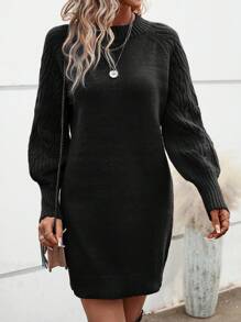 SHEIN LUNE Cổ giả Tay Raglan Xoắn Dan Đầm Áo len - màu đen - Xem 1