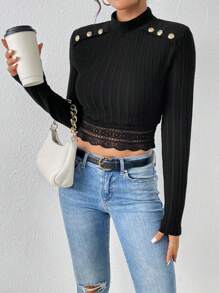 SHEIN Frenchy 蕾絲邊紐扣細節小高領短款T恤 - 黑色 - 查看 4