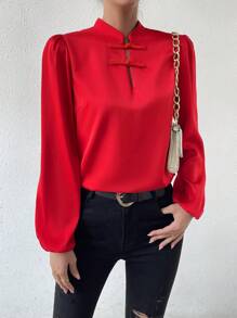 Chiquease Bluzka z żabą i guzikami, rękawy typu latarnia, satyna, na przyjęcie noworoczne - Czerwony - Zobacz 6
