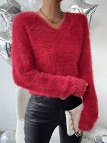 Chiquease V Neck Fluffy Knit Drop Shoulder Sweater - Red - View 4