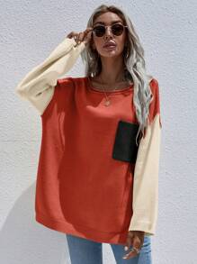 SHEIN LUNE Colorblock Drop Shoulder Knit Pullover Fall Winter Sweater - Red - View 4