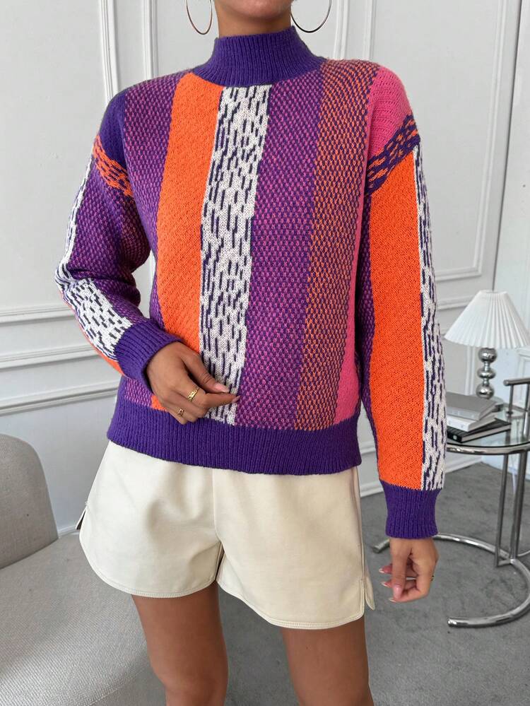 Colorblock Drop Shoulder Sweater,Long Sleeve Tops Knit Pullover Fall Winter Sweater