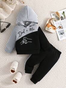 男寶寶時尚休閒運動款式春秋新款時尚字母印花彩色拼接連帽衛衣和褲子套裝 - 彩色 - 查看 1