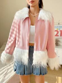 SHEIN EZwear 毛茸邊拉鏈開襟花呢外套 - 淺粉色 - 查看 7