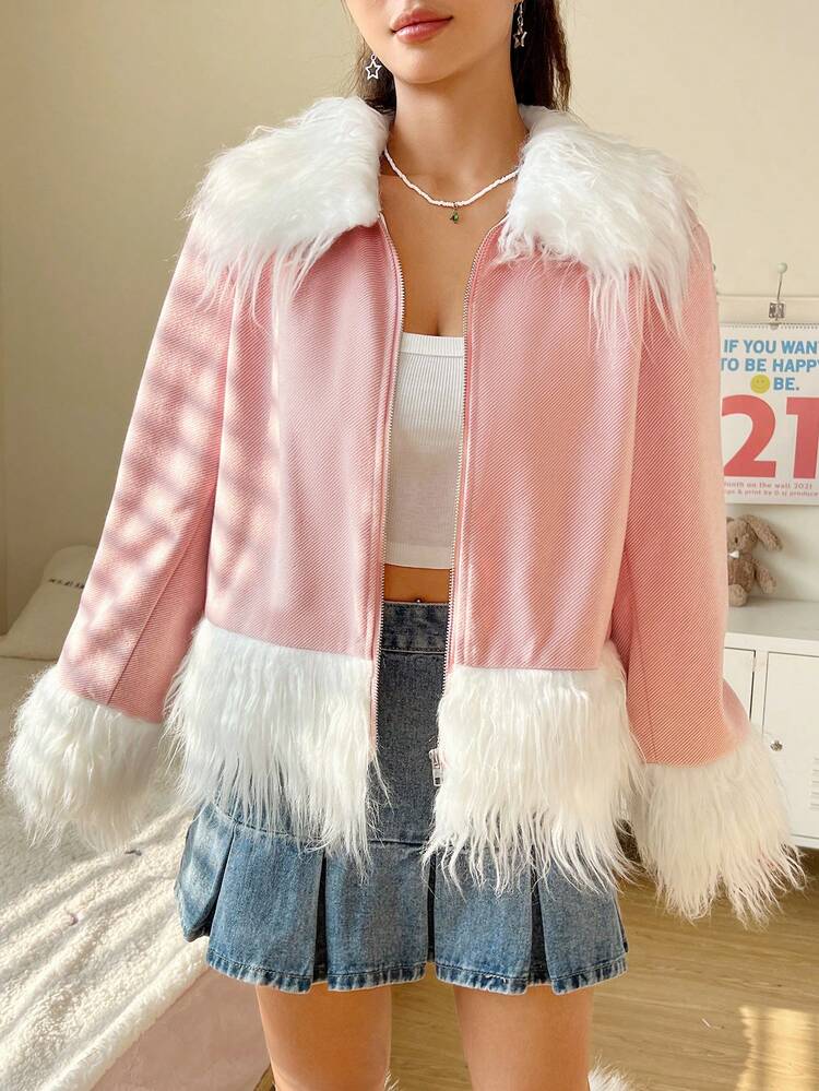 Fuzzy Trim Zip Up Overcoat