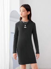 Cô gái Tween Cổ giả Đồ đan Ribbed Váy áo thun - màu đen - Xem 6