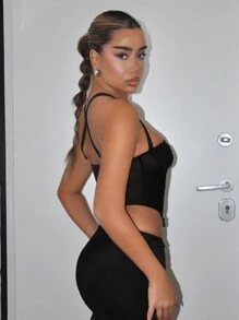 SHEIN ICON Mesh Tight Camisole Top With Front Buckle Detail And Back Crisscross Straps - Black - View 5