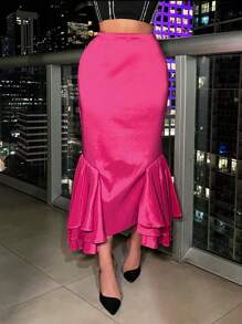 SHEIN SXY 優雅反光布midi裙,褶邊設計適合派對穿著 - 玫紅色 - 查看 4