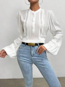 SHEIN Essnce Guipure Lace Insert Lantern Sleeve Blouse - White - View 6