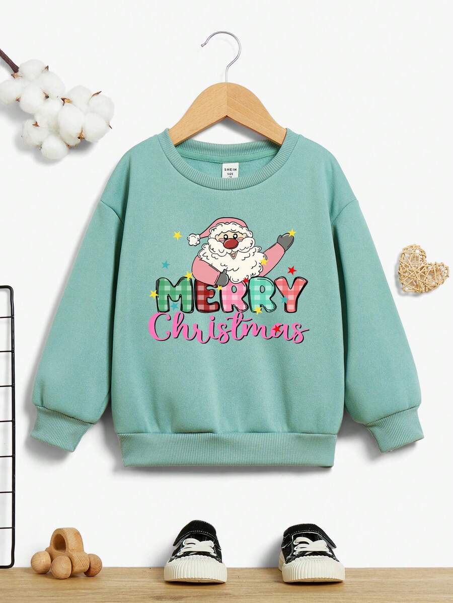 SHEIN Young Girl Christmas Print Drop Shoulder Sweatshirt - Mint Green - View 1