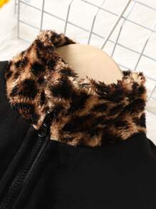 SHEIN Young Girl Contrast Leopard Print Letter Patched Zip Up Jacket - Black - View 4