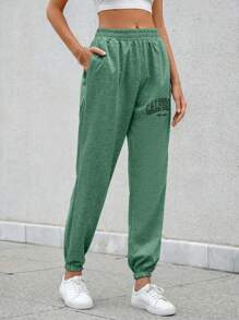 SHEIN Cottnline Letter Graphic Elastic Waist Sweatpants - Green - View 5