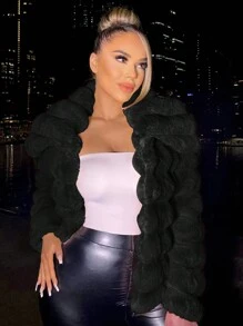 SHEIN SXY Plus Size Women's Sexy & Elegant Party Black Faux Fur Collar Drawstring Jacket, Autumn/Winter