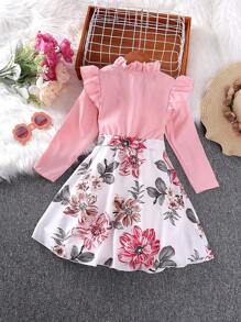 Cô gái In hoa Viền Ruffle Váy có thắt lưng - Hồng - Xem 2