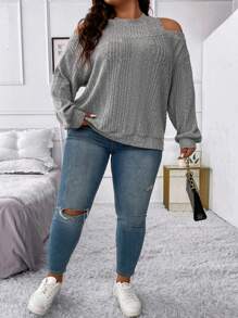 SHEIN CURVE+ Kích thước lớn Thìa Vai Áo nỉ - Xám - Xem 5