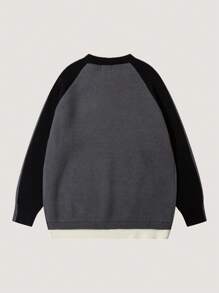 ANDREILEE 男士休闲圆领撞色字母图案针织衫，适合秋冬季穿着 - 灰色 - 查看 2