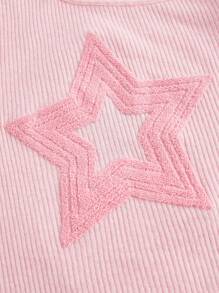 ROMWE Kawaii Camiseta con estampado de estrella de cuello asimétrico - Rosa Pálido - Ver 5