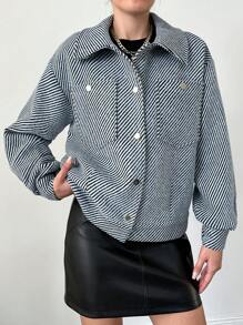 RueChic Women's Diagonal Stripe Collared Jacket - Black and White - View 3