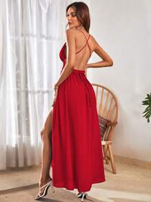 Breezaya Vestido de tiras con abertura alta y espalda descubierta para mujeres, ropa para Año Nuevo, vestido largo para vacaciones y playa - Rojo - Ver 2
