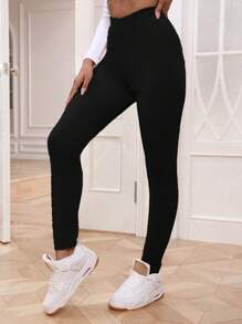 Chiquease 素色加絨內裏緊身打底褲 - 黑色 - 查看 4