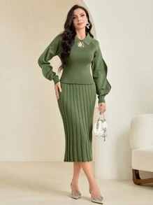 Modelyn Keyhole Neckline Lantern Sleeve Sweater & Knit Skirt - Army Green - View 1
