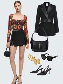 Maija Contrast Lace Split Hem PU Leather Skirt - Black - View 5