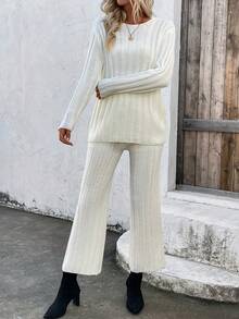 SHEIN LUNE Thả vai Áo len & Quần dệt kim - Màu be - Xem 3