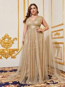 Faeriesty Plus Women's Deep V-Neck Sequin Cape Sleeve Formal Evening Gown With Dramatic Train - Perfect For Black Tie Galas, Red Carpet Events, Wedding Receptions, Luxury Banquets, And Bridal Portrait Photography - Champagne - View 3