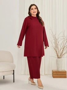 Mulvari 大尺碼女士立領蝴蝶結長袖上衣和寬腿裝休閒套裝 - 粉色 - 查看 3