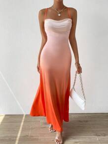 Allurite 漸層垂領露背繫帶吊帶連衣裙 - 橘色 - 查看 5