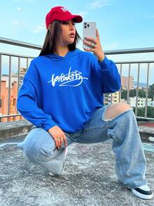 SHEIN EZwear Plus Size Letter Graphic Drop Shoulder Sweatshirt - Blue - View 6