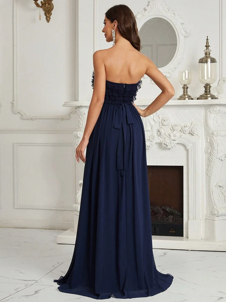 Layered Ruffle Trim Knot Back Tube Mesh Formal Dress