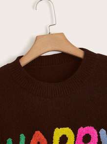 Flirla Plus Letter Pattern Drop Shoulder Sweater Knit Pullover Fall Winter Outfit