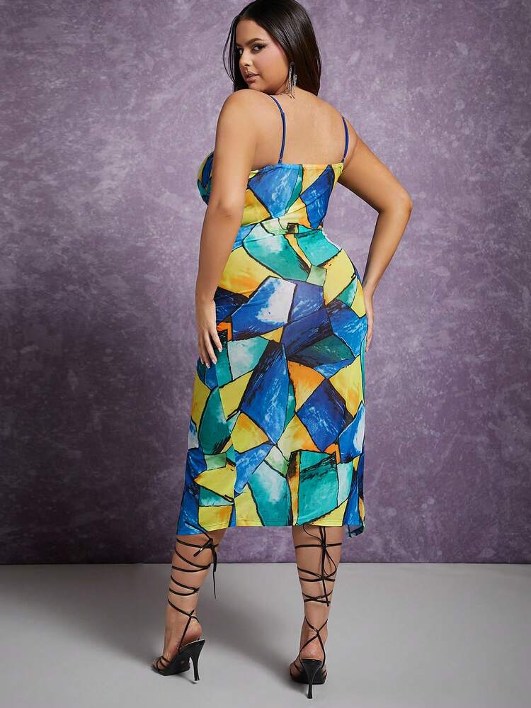 Plus Geo Print Drawstring Split Dress