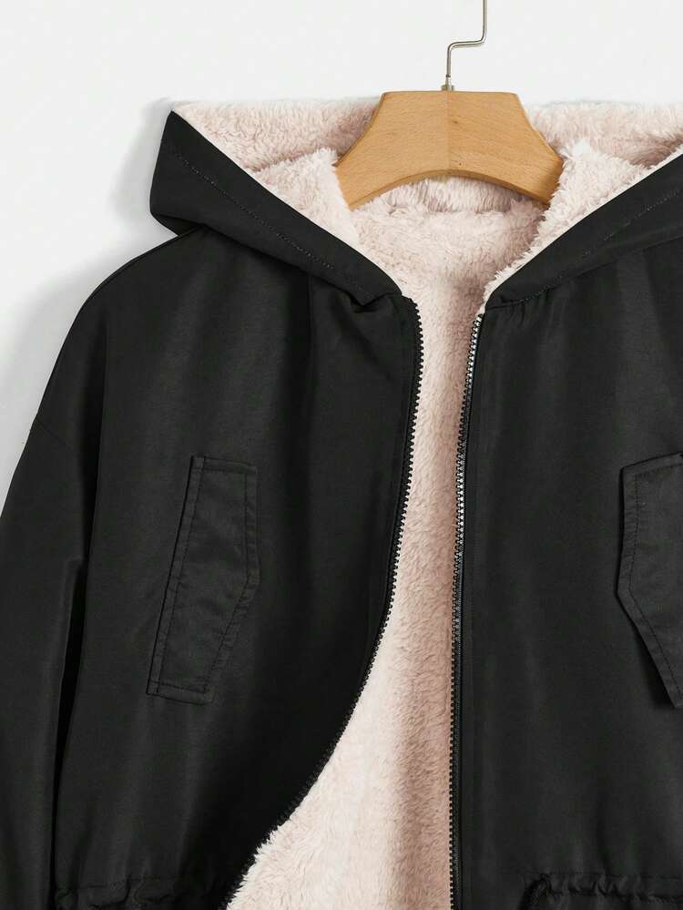 Drawstring Waist Teddy Lined Hooded Jacket In Fall/Winter