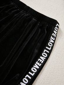 SHEIN 青少女對比字母布帶天鵝絨套頭衫和運動長褲 - 黑色 - 查看 5