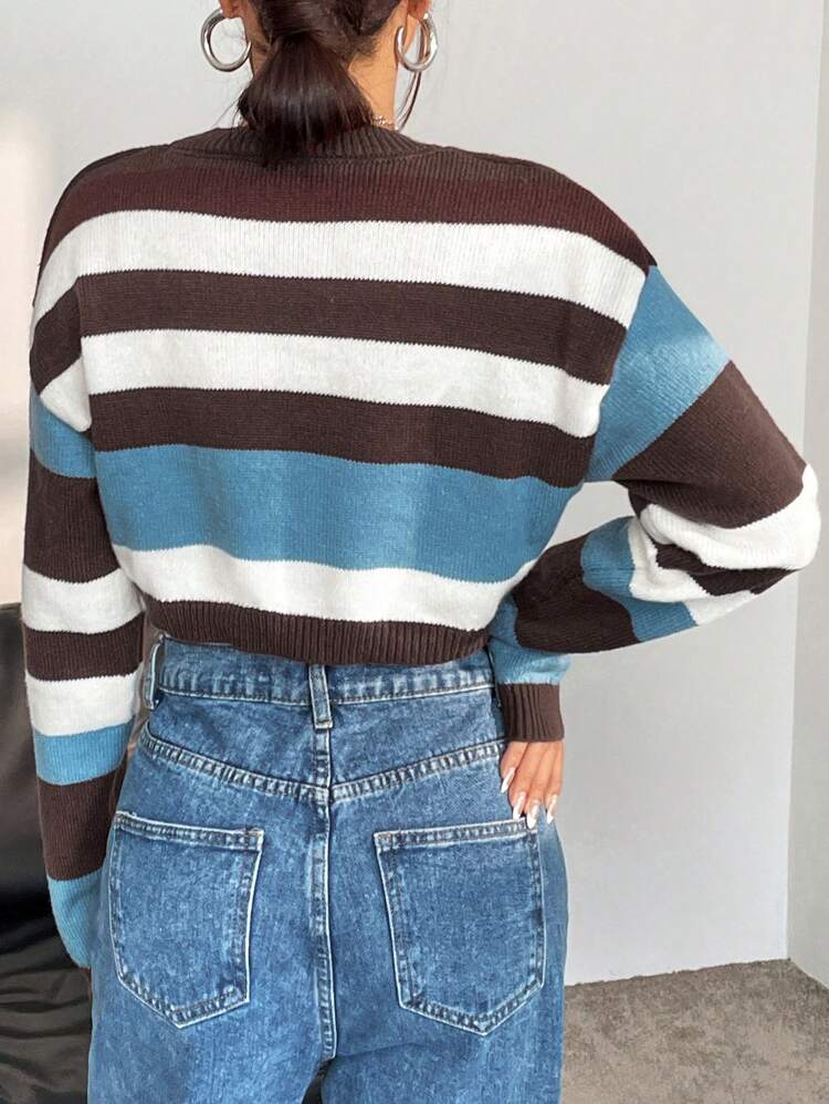 Striped Pattern Drop Shoulder Tie Front Crop Cardigan Fall Cloth For Women