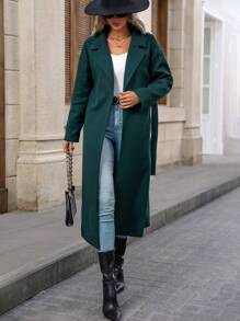 SHEIN Clasi Lapel Neck Belted Overcoat - Dark Green - View 4