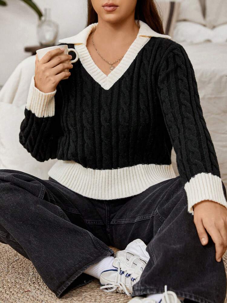 Plus Contrast Trim Cable Knit Sweater Knit Pullover Fall Winter Sweater