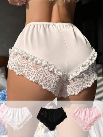SHEIN 3入組拼接蕾絲邊前蝴蝶結平角褲