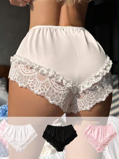 SHEIN 3入組拼接蕾絲邊前蝴蝶結平角褲