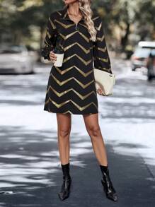 SHEIN LUNE Print Quarter Zip Lantern Sleeve Dress - Multicolor - View 4