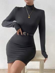 SHEIN Privé 素色小高領緊身洋裝不附腰帶 - 黑色 - 查看 6