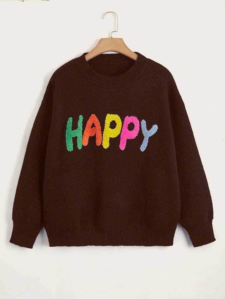 Plus Letter Pattern Drop Shoulder Sweater Knit Pullover Fall Winter Sweater