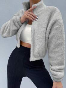 SHEIN Unity 毛絨超甜蜜的少女心加厚個性外套 - 灰色 - 查看 1