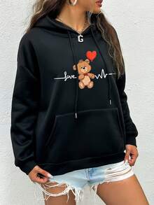 SHEIN EZwear Áo nỉ cỡ lớn in hình trái tim và gấu, túi kangaroo, vai rớt, dây rút. - màu đen - Xem 4