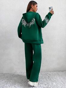 SHEIN Unity Letter Graphic Drop Shoulder Hoodie & Sweatpants - Green - View 5